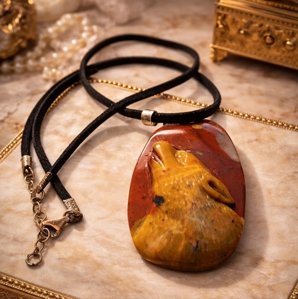 Thai Jewelry - Thai 925 Sterling Silver Pendant Noreena Jasper Carved Wolf Necklace Healing Gem